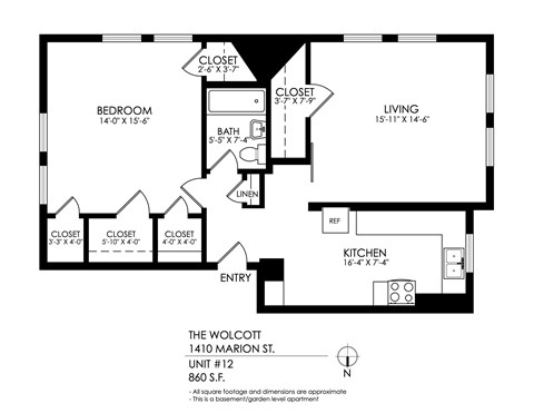 Floor plan for 1 bed, 1 bath, 720 sqft